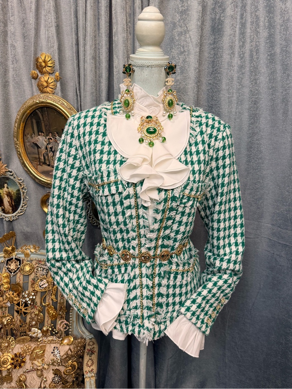 Green White Tweed Blazer size L